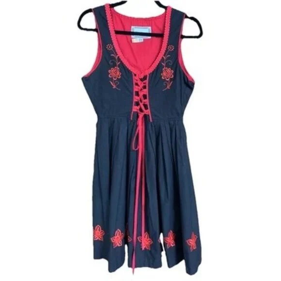 Vintage 1960s 1970s DIRNDL Black Red Floral Embroidered Corset Goth Size 36 - Picture 1 of 9